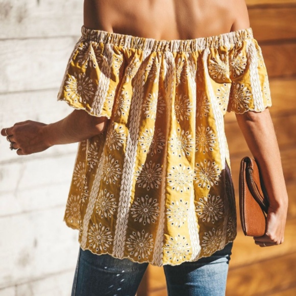 Yellow & White Embroidered Off the Shoulder Top - Picture 4 of 4